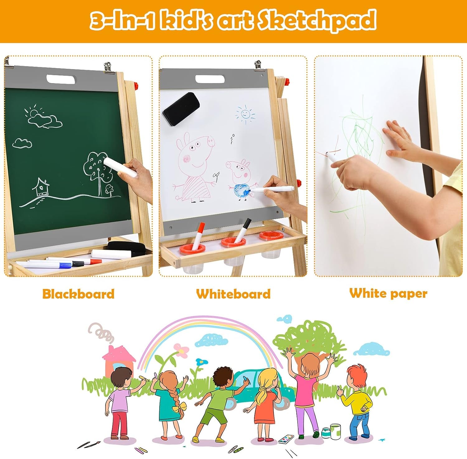 Costzon Art Easel for Kids, 3-In-1 Wooden Folding Toddler Easel Magnetic W/Paper Roll & Storage Tray, Height Adjustable Double Sided Whiteboard Chalkboard Kids Art Easel Boys Girls Painting (Nature)