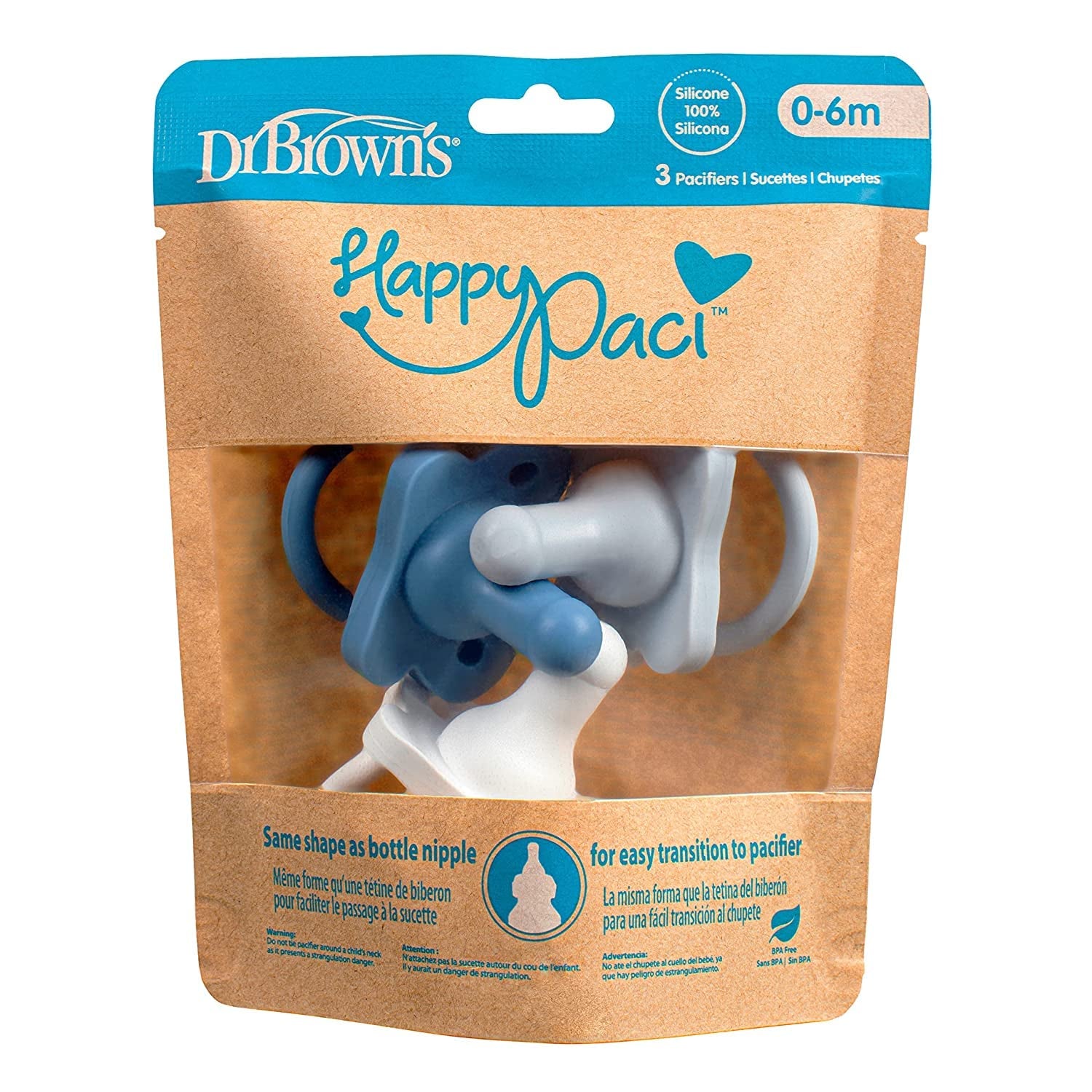 Dr. Brown'S Happypaci 100% Silicone, Newborn Baby Pacifiers 0-6 Months, BPA Free, White, Blue, Light Blue, Black, and Cool Gray 6 Pack