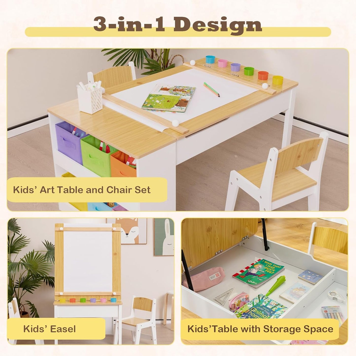 Costzon 3 in 1 Kids Table and Chair Set, Wood Art Table & Easel Set W/ 2 Chairs, 6 Storage Bins, Paper Roller, Paint Cups for Draw, Write, Play, Arts & Crafts, Toddler Table and Chair Set (Gray)