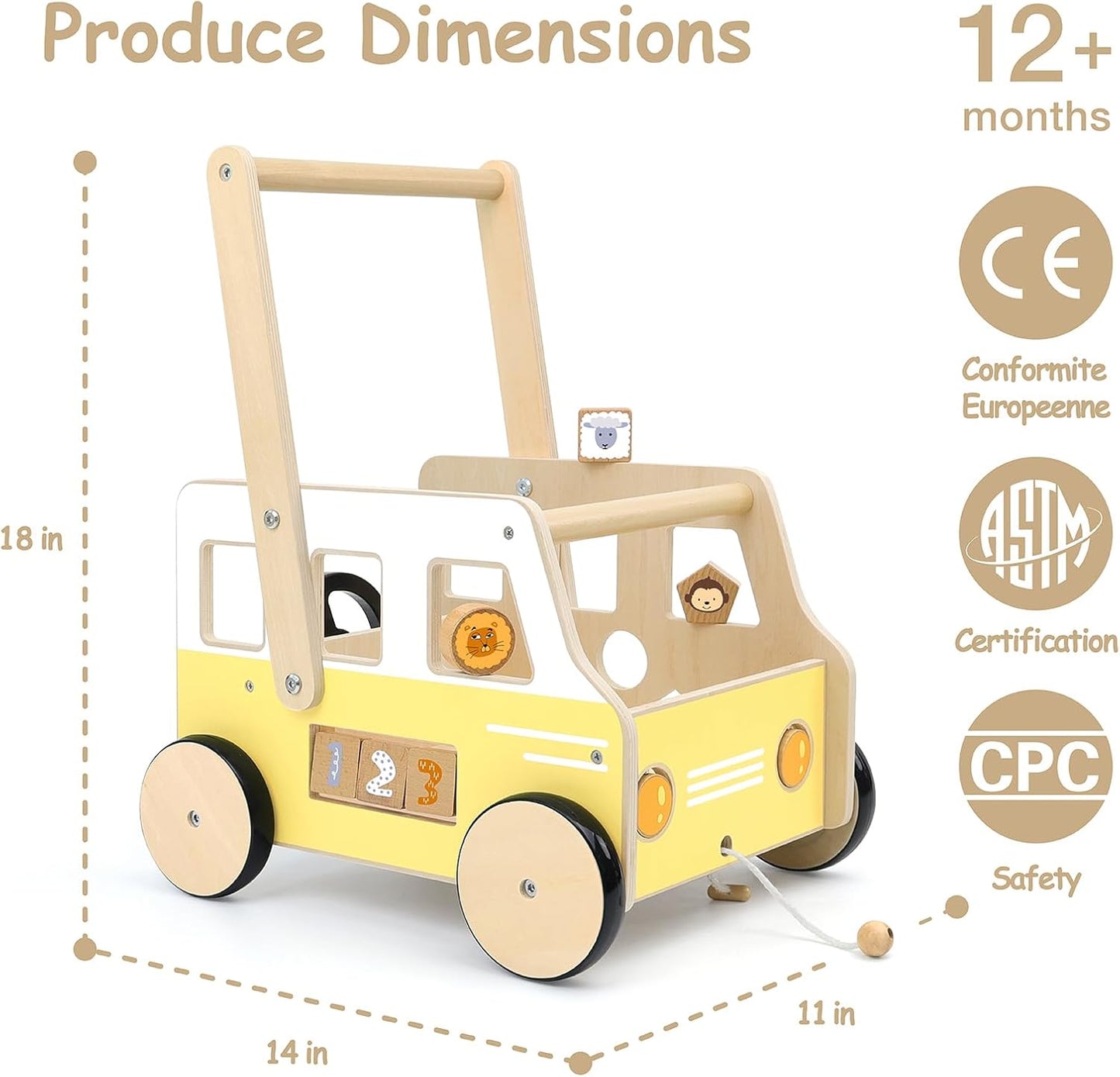 Wooden Baby Walker,Baby Push Walker Toy,Toddler Activity Walker with Shape Sorter,Baby Push Walker with Wheels for Girls Boys 1-3 Years