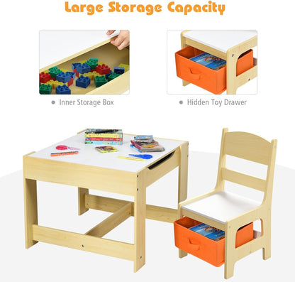 Costzon Kids Table and Chair Set, 3 in 1 Wooden Activity Table with Storage Drawer, Detachable Tabletop for Children Drawing Reading Art Craft, Playroom, Nursery, Toddler Table and Chair Set, Natural