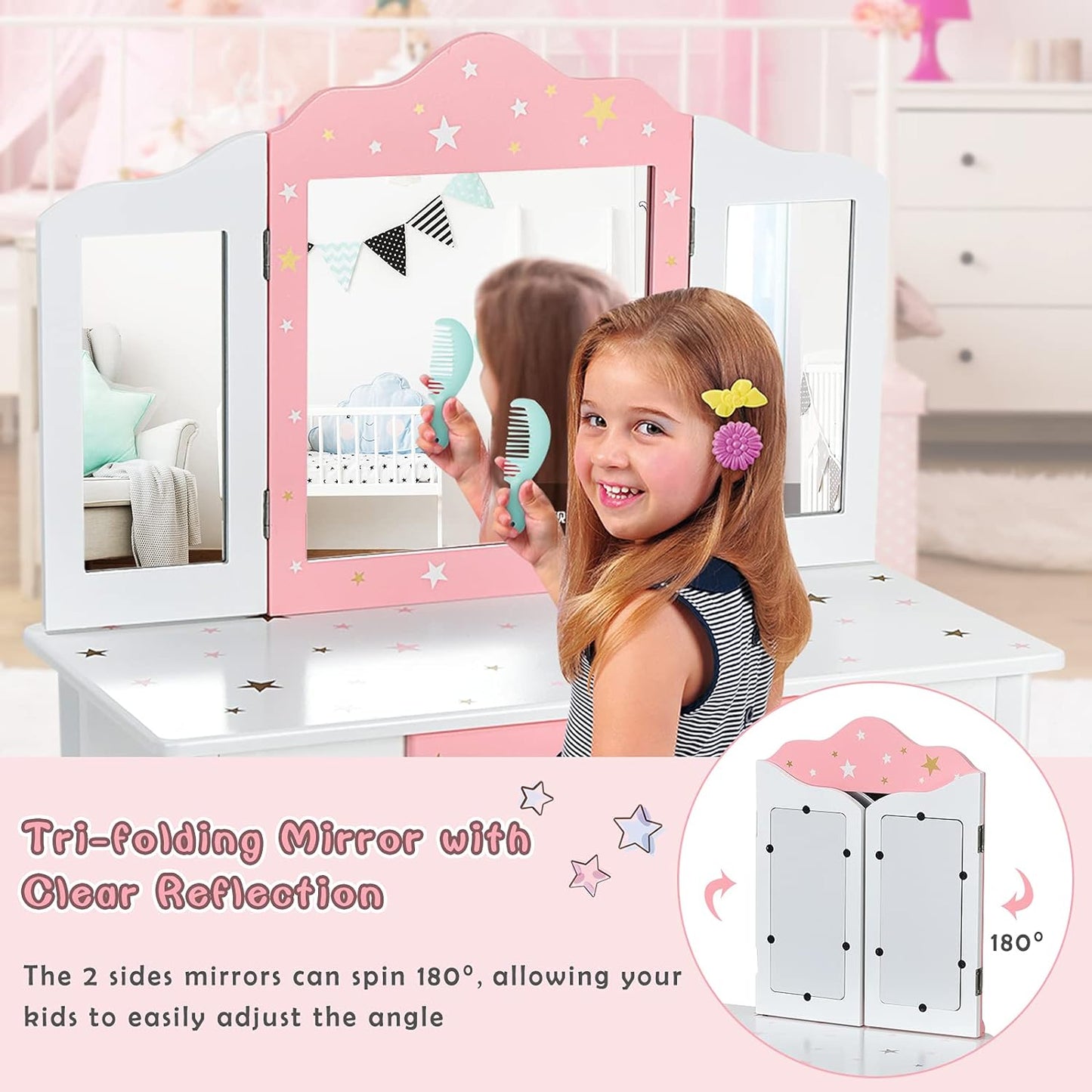 Costzon Kids Vanity Set with Mirror, 2 in 1 Princess Makeup Dressing Table W/Detachable Top, Toddler Girls Vanity with Tri-Fold Mirror, Drawer & Stool, Pretend Play Vanity Set for Little Girls, White