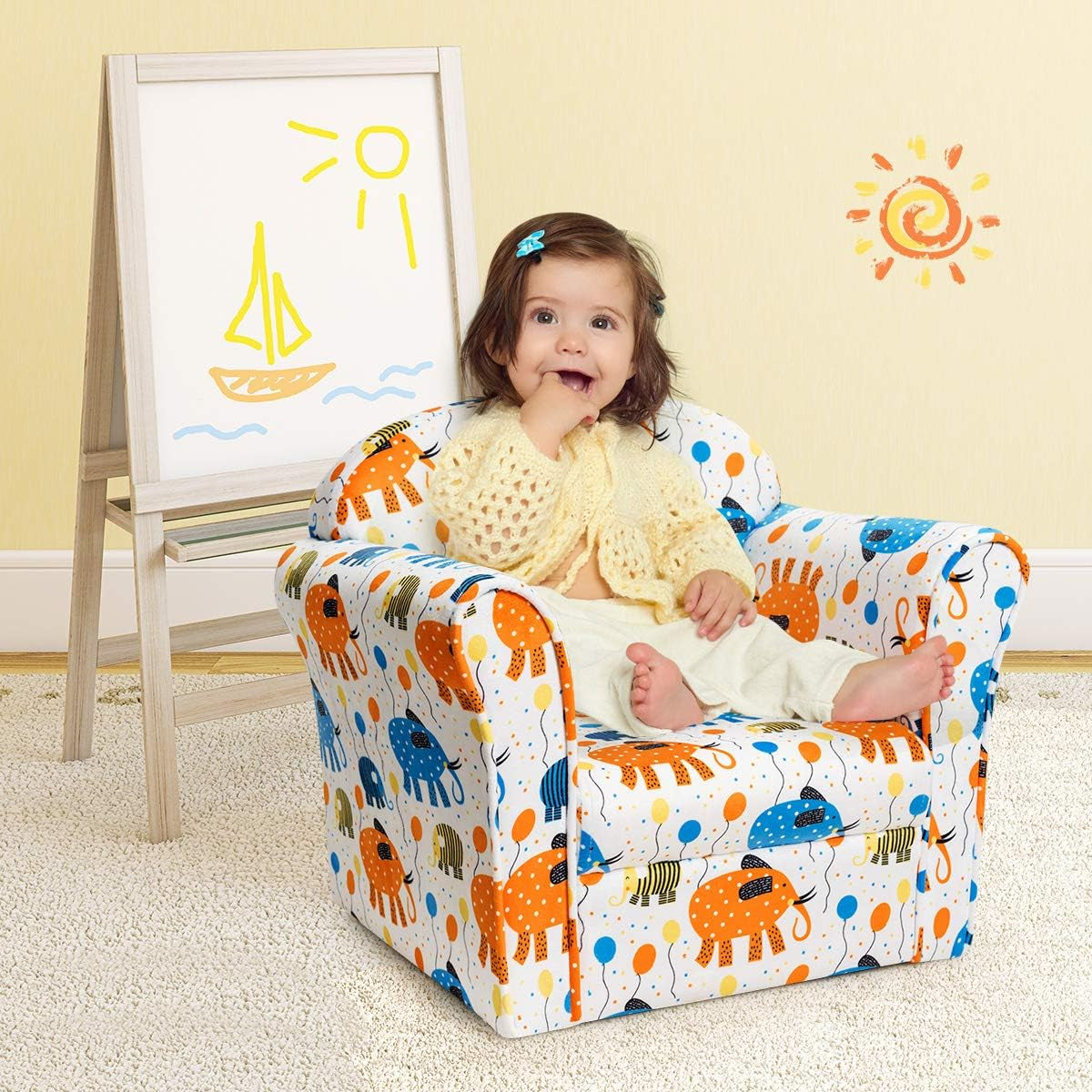 Costzon Kids Couch, Children'S Sofa Armrest Chair with Pattern, Toddler Furniture W/Sturdy Wood Construction, Preschool, Lightweight Kids Couch Sofa Chair for Aged 1-5 Boys & Girls Gifts, Elephant