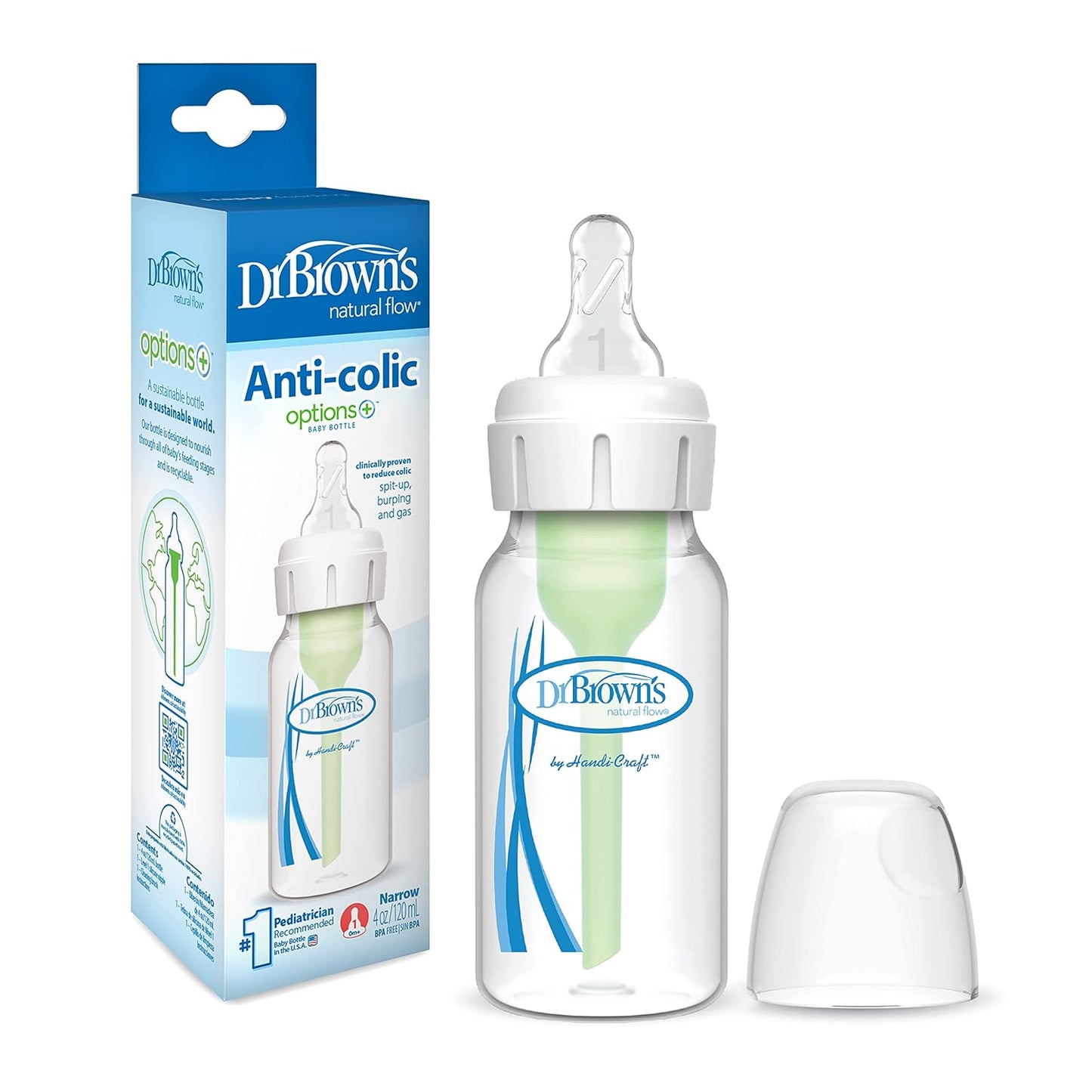 Dr. Brown'S Anti-Colic Options+ Narrow Baby Bottle, 0M+ Level 1 Nipple - Baby Bottle to Reduce Colic (1 Pack), 4 Oz