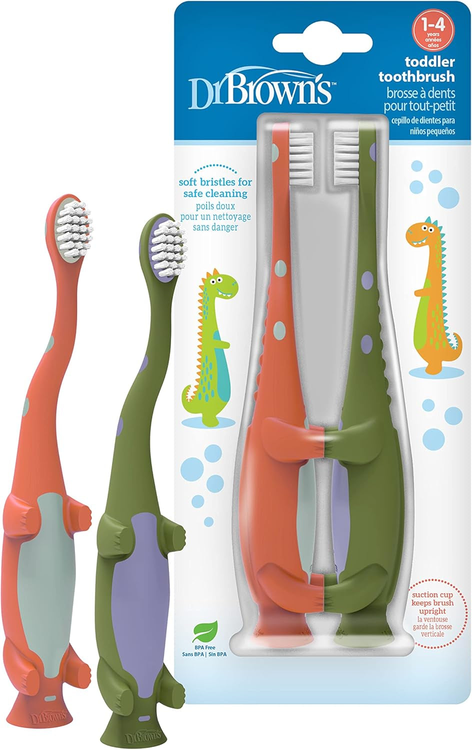 Dr. Brown'S Toddler Toothbrush, Dinosaur, Green and Orange, 2-Pack