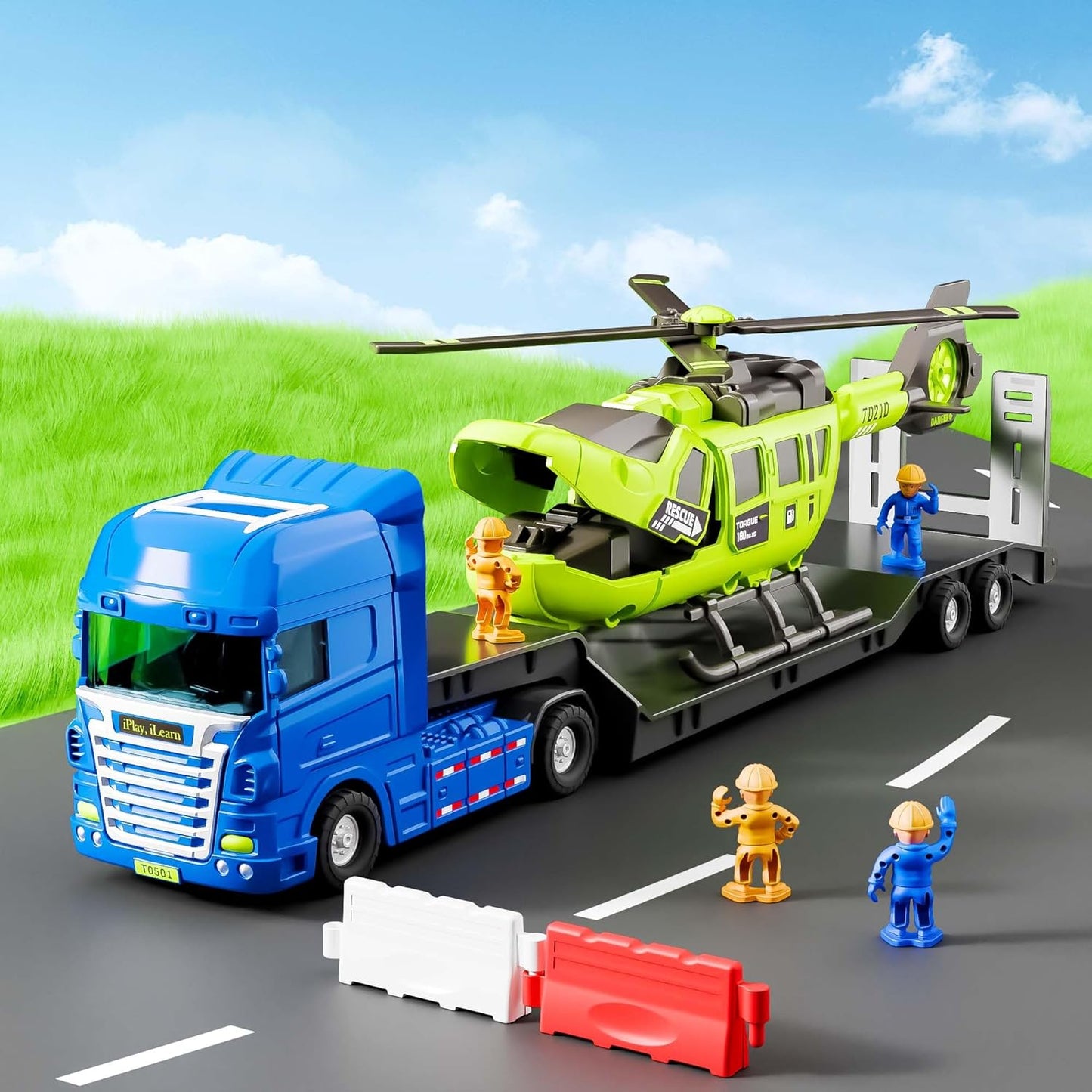 Iplay, Ilearn Kids Truck Trailer Toys, Toddler Vehicles Playset W/Helicopter, Wind up Windmill, STEM Construction Engineer Learning Educational Cool Toy, Birthday Gifts 3 4 5 6 7 Year Old Boys Girls