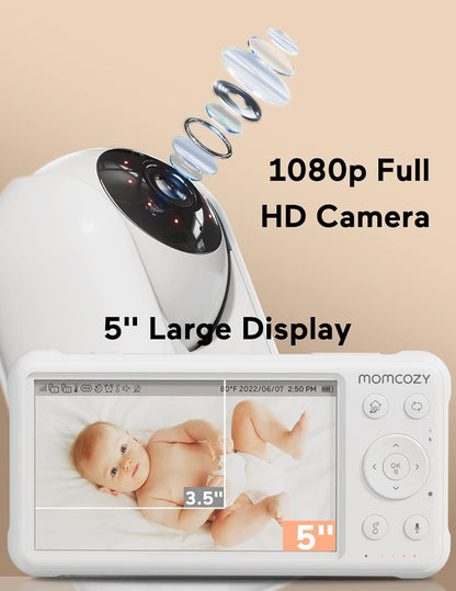 Momcozy Video Baby Monitor, 1080P 5" HD Baby Monitor with Camera & Wall Mount, Infrared Night Vision, 5000Mah Battery, 2-Way Audio, Temperature Sensor, Lullabies, 960Ft Range, Ideal for New Moms, BM01