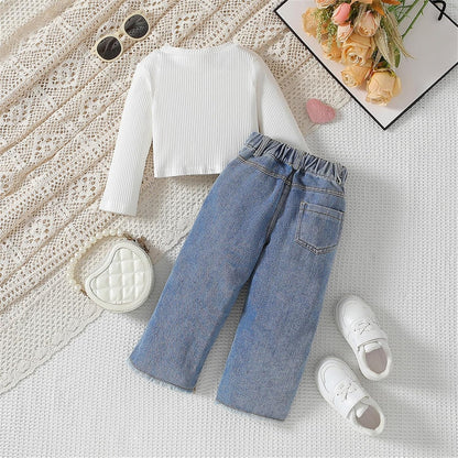 Toddler Girls Clothes 2T 3T 4T 5T Ribbed Baby Kids Girl Denim Outfits Long Sleeve Tops Love Hearts Jeans Pants