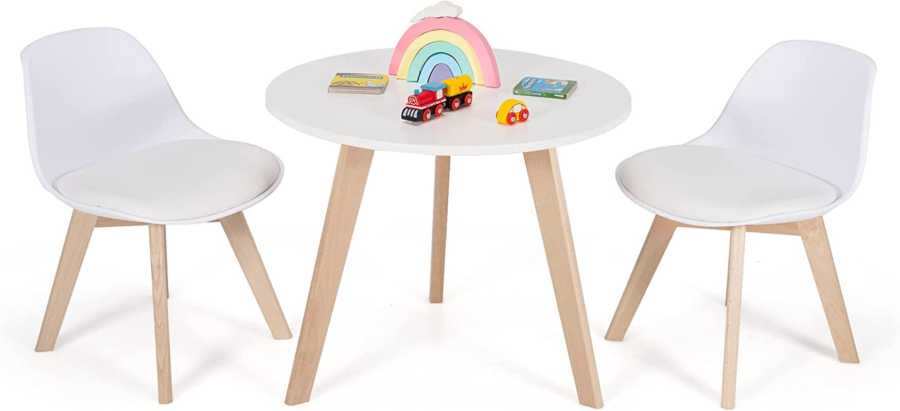 Costzon Kids Table and Chair Set, 3 Pcs Wood Activity Play Table W/Padded Seat & Wood Legs for Arts, Crafts, Reading, Preschool, Kindergarten, Playroom, Mid Century Modern Toddler