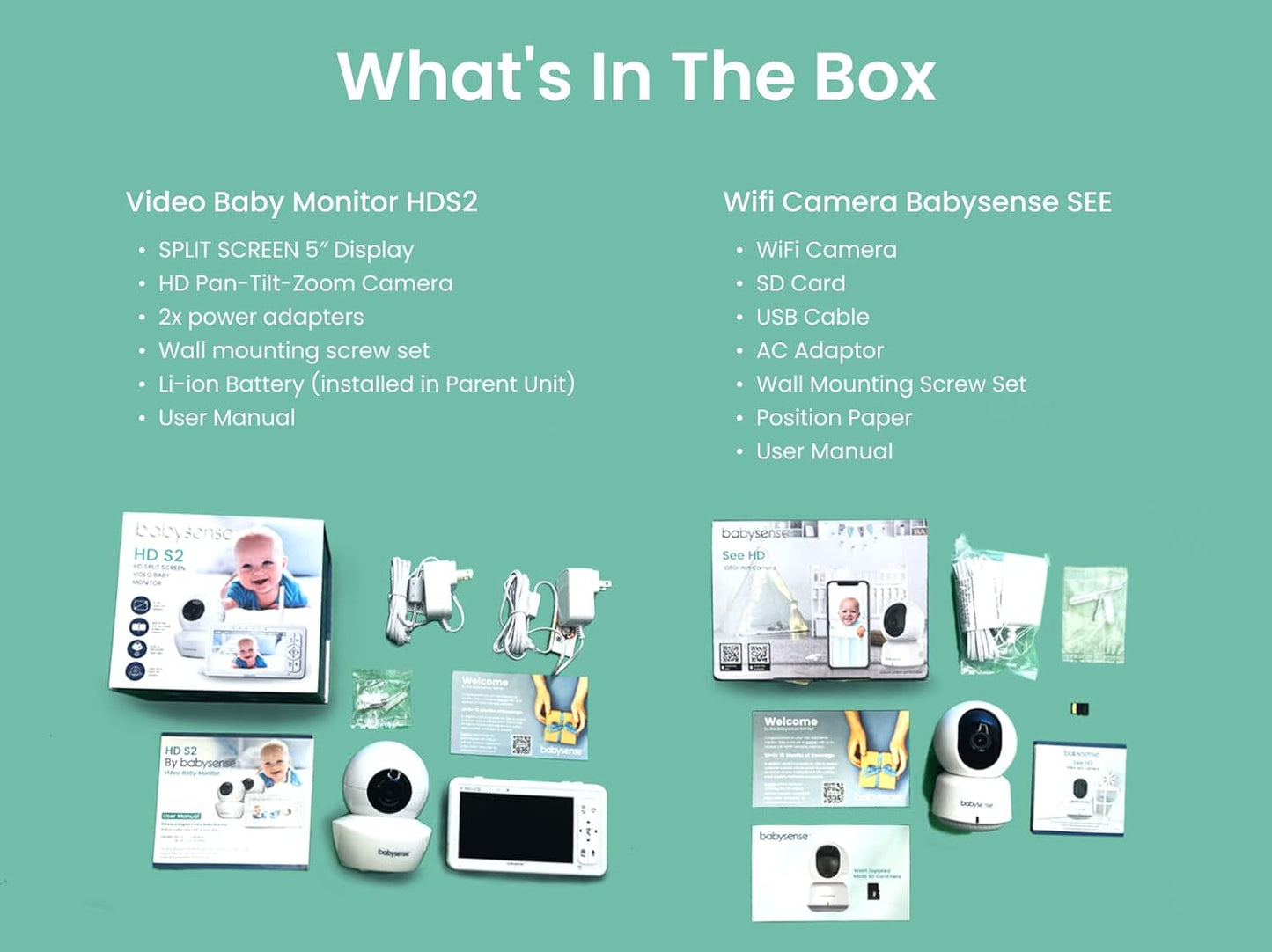 Babysense Baby Monitors Bundle - 2.4Ghz Wifi Camera with App & Separate Non-Wifi Video Baby Monitor with Camera and Audio (Products Don'T Connect/Pair with Each Other)