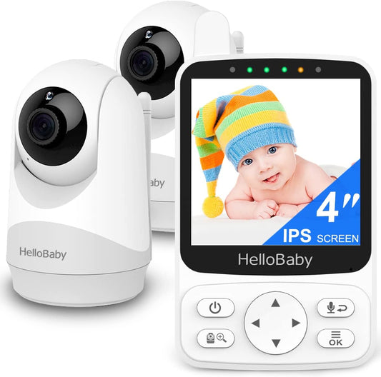 Hellobaby Baby Monitor with 2 Cameras, and Remote PTZ, 4 Inch IPS Screen 29Hours Battery Life,Video Baby Monitors No Wifi, Night Vision, VOX Audio Mode, 8 Lullabies and 1000Ft Long Range