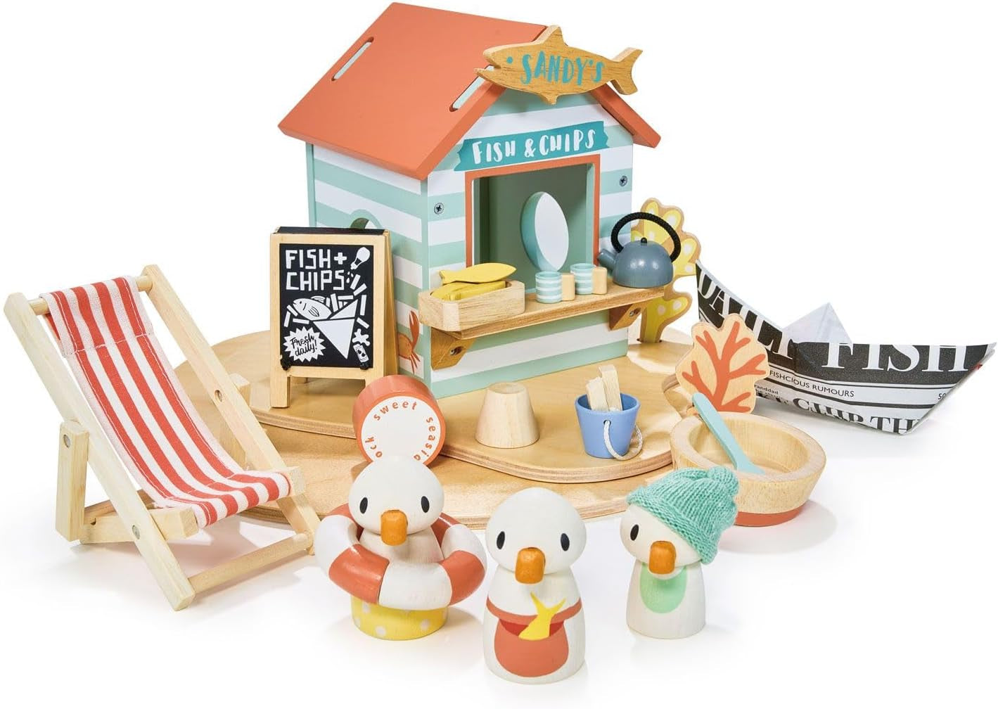 Tender Leaf Toys - Sandy’S Beach Hut - Wooden Toy Seagull Family with Fish and Chips Beach Hut and Accessories - Imaginative Play Set - Develop Creative Storytelling - Fine Motor Skills - Age 3+