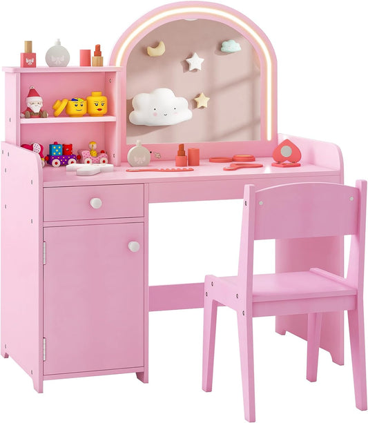 Costzon Kids Vanity, Girls Vanity Set with Mirror and Stool and Lights, Makeup Vanity Desk with Lights, Drawer & Storage Cabinet, Wooden Dressing Table, Pretend Play Vanity Table and Chair Set (Pink)