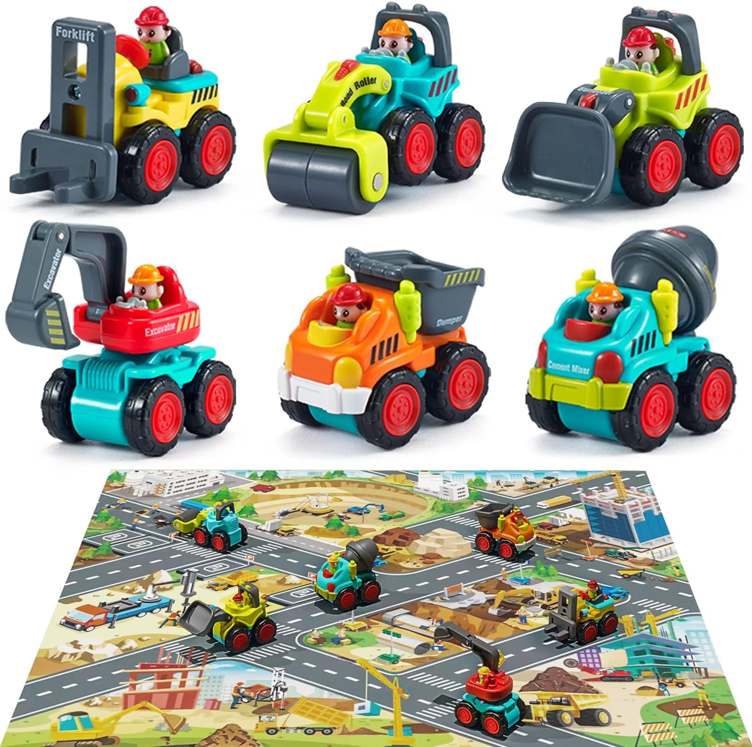 Iplay, Ilearn Toddler Construction Toy Trucks, Baby Mini Push Go Cars W/Playmat, Kid Pocket Construction Vehicle, Little Excavator Dump Bulldozer, Birthday Gifts for 6 9 12 18 Month 1 2 3 Year Old Boy