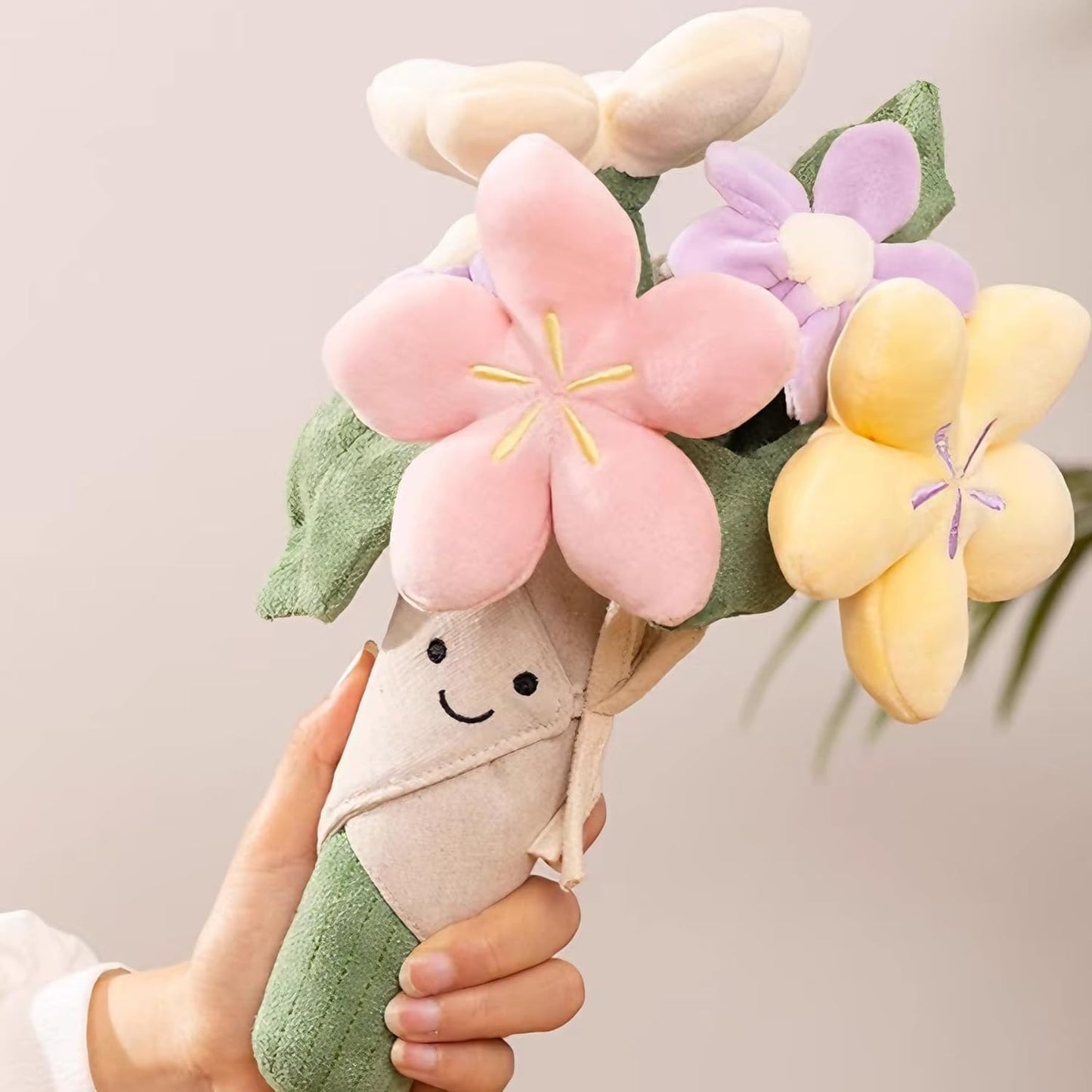 Cute Flower Plush Doll Stuffed Plant Plushie Soft Flower Doll Lovely Smiling Face Huggable Handing Flower Toy Sweet Gifts for Boys Girls Kids Adults, Pink, W32PL00075