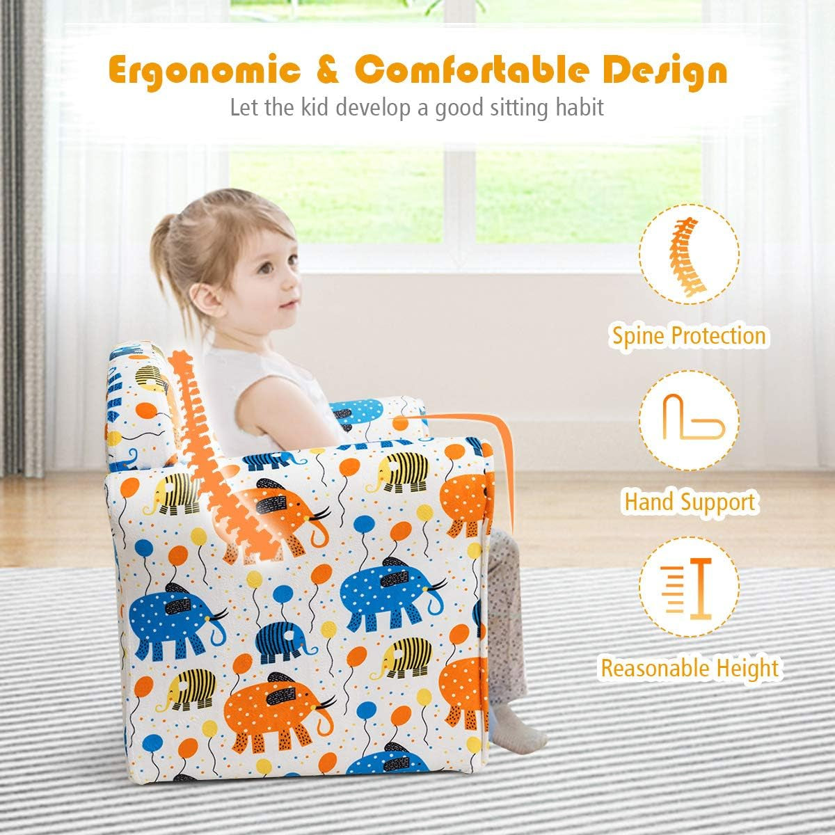 Costzon Kids Couch, Children'S Sofa Armrest Chair with Pattern, Toddler Furniture W/Sturdy Wood Construction, Preschool, Lightweight Kids Couch Sofa Chair for Aged 1-5 Boys & Girls Gifts, Elephant