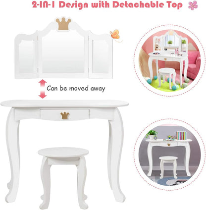 Costzon Kids Vanity Table and Chair Set, Princess Makeup Dressing Table with Drawer & Tri-Folding Mirror, 2 in 1 Vanity Set with Detachable Top, Pretend Beauty Play Vanity Set for Girls (White)