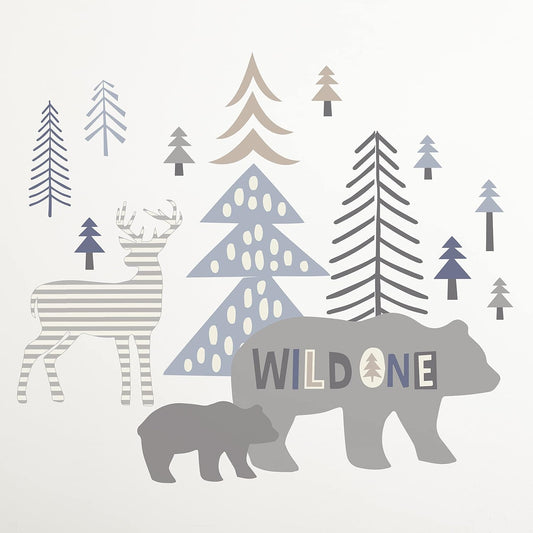 Levtex Baby - Logan Resuable Wall Decal - Bears, Deer, Trees - Grey, Taupe, Navy, Blue - Nursery Accessories - Size: 36 X 33 In.