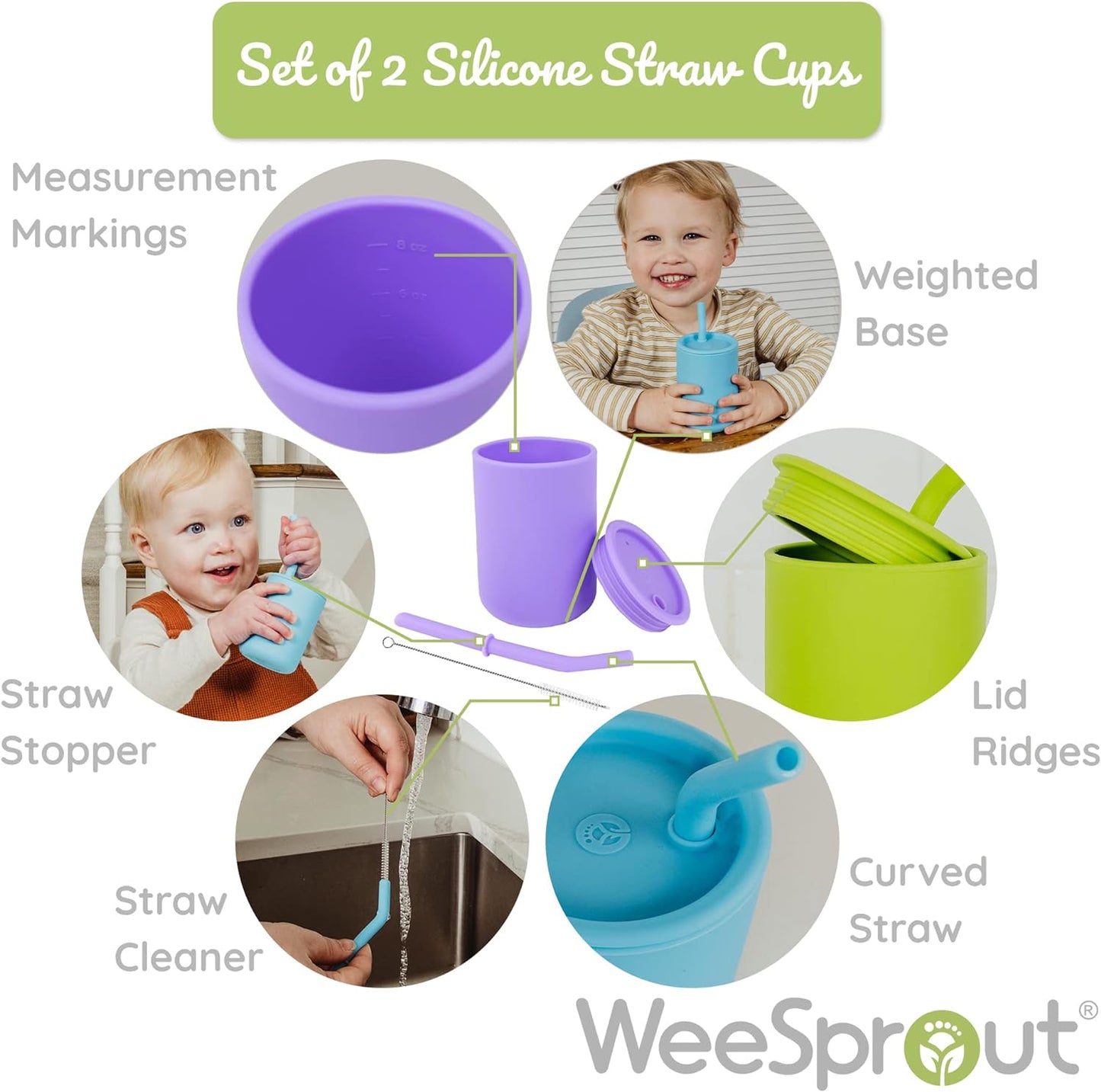 Weesprout Silicone Baby Cups with Straws and Lids, 4 & 8 Oz Options, Set of 2, Food Grade Toddler Training Container, Built in Straw Stoppers, Measurement Markings, Dishwasher Safe + Straw Cleaner