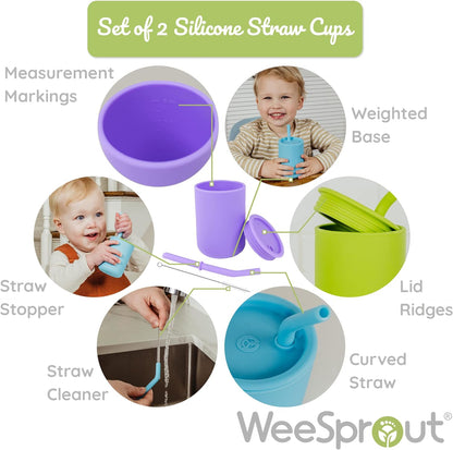 Weesprout Silicone Baby Cups with Straws and Lids, 4 & 8 Oz Options, Set of 2, Food Grade Toddler Training Container, Built in Straw Stoppers, Measurement Markings, Dishwasher Safe + Straw Cleaner