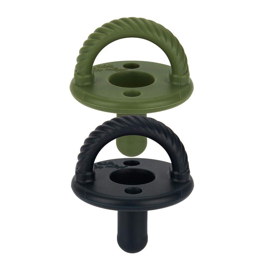 Itzy Ritzy Silicone Pacifiers for Newborn - Sweetie Soother Pacifiers Feature Collapsible Handle & Two Air Holes for Added Safety; for Ages Newborn and Up, Set of 2 in Camo & Midnight Black