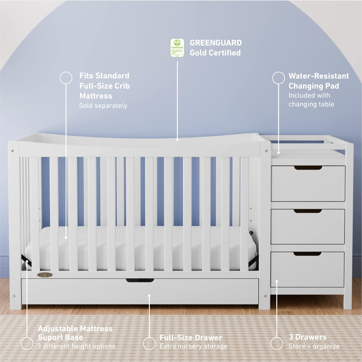 Graco Remi 4-In-1 Convertible Crib & Changer with Drawer (White) – GREENGUARD Gold Certified, Crib and Changing-Table Combo, Includes Changing Pad, Converts to Toddler Bed, Full-Size Bed