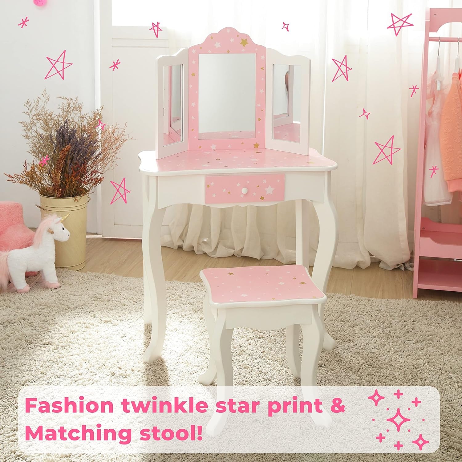 Teamson Kids Princess Gisele Twinkle Star Print 2-Piece Kids Wooden Play Vanity Set with Vanity Table, Tri-Fold Mirror, Storage Drawer, and Matching Stool, White with Pink and Gold Star Accent