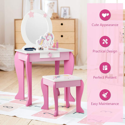 Costzon Kids Vanity Set with Mirror, 2 in 1 Wooden Princess Makeup Dressing Table with Detachable Top, Toddler Girls Vanity with Drawer & Stool, Pretend Play Vanity Set for Little Girls, Pink