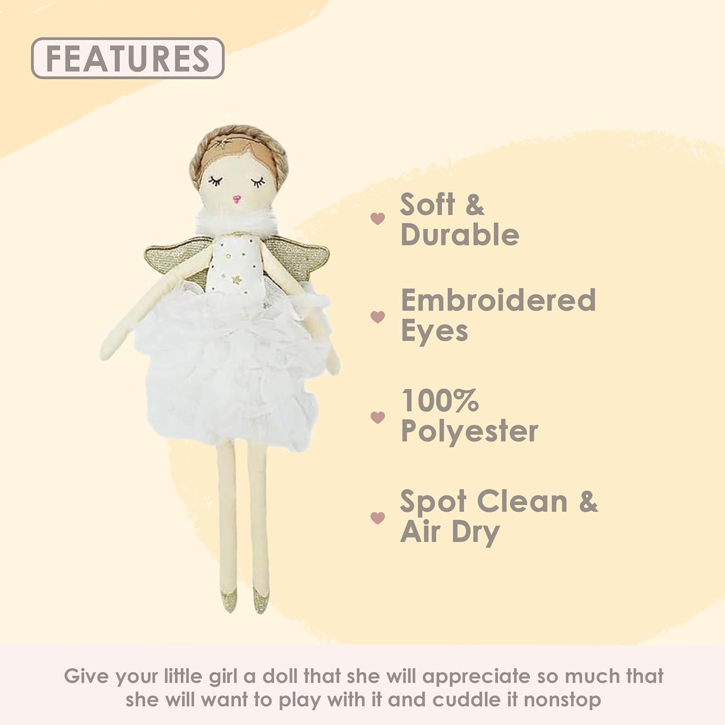 MON AMI Adele Small White Angel Stuffed Doll – 15”, Soft & Cuddly Plush Doll, Use as Toy or Room Decor, Great Gift for Kids of All Ages