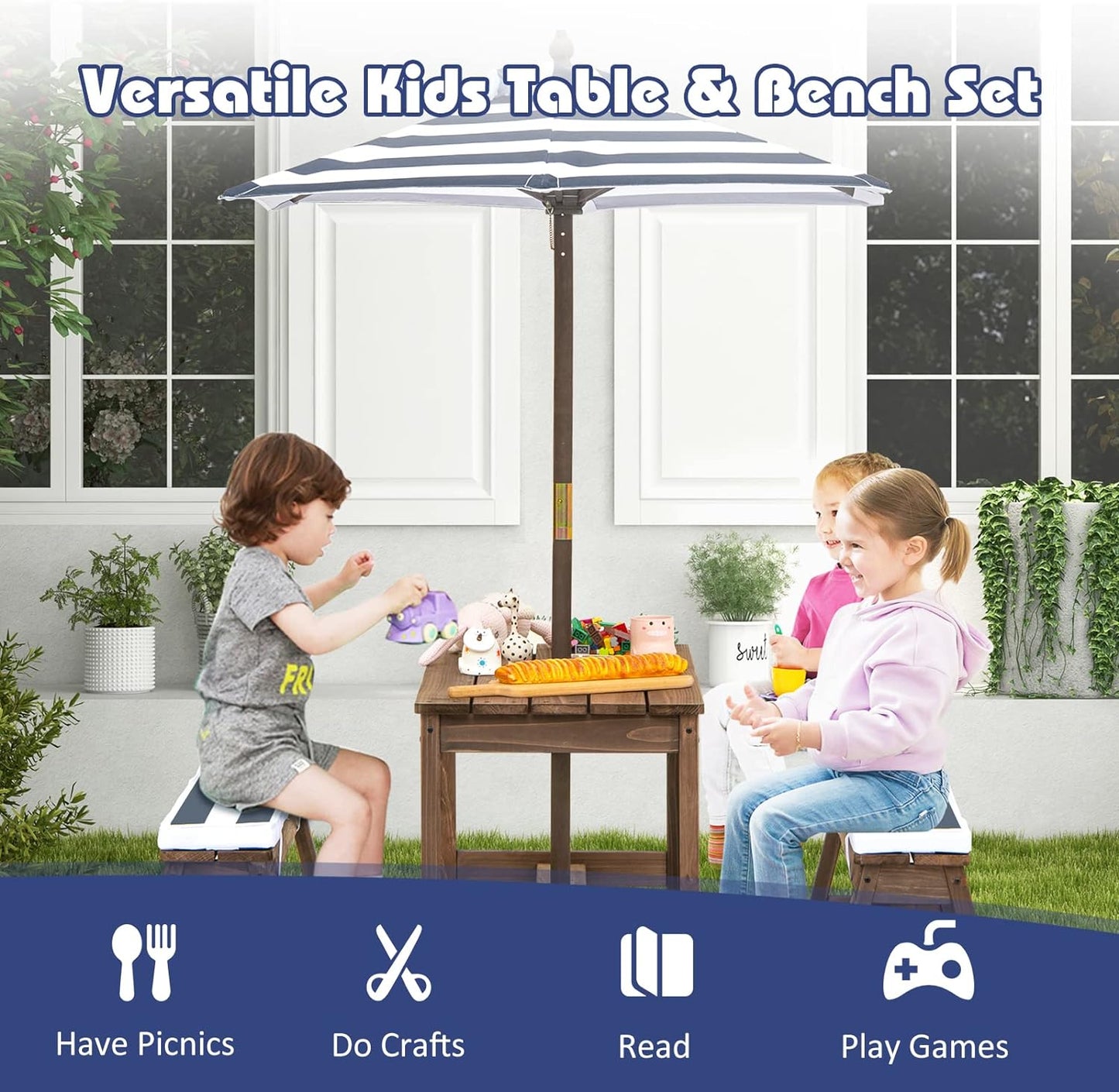 Costzon Kids Picnic Table, Toddler Wood Table & Chair Set W/Cushions, Height Adjustable Umbrella, Children Activity Table Outdoor Furniture Set for Patio, Garden, Backyard, Gift for Ages 3-8 (Blue)