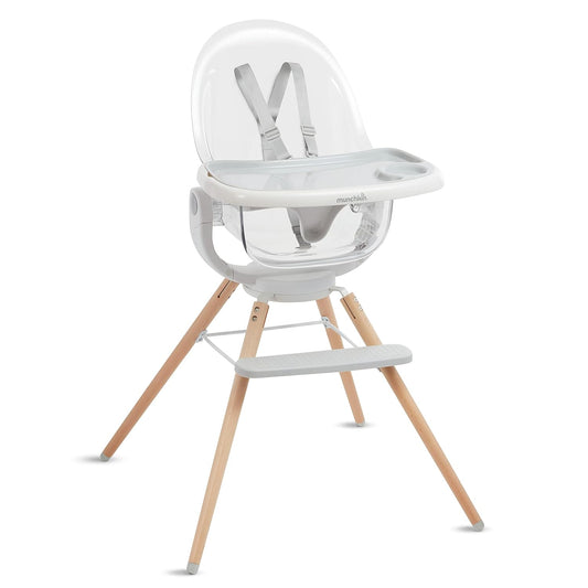 Munchkin® 360° Cloud™ Baby and Toddler High Chair with Clear Seat and 360° Swivel, White and Grey with Wooden Legs