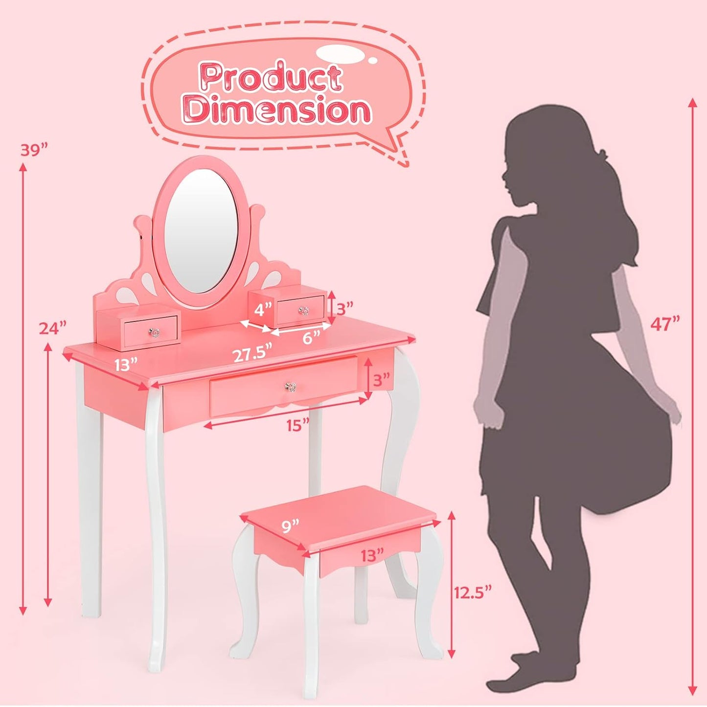 Costzon Kids Vanity Set with Mirror, 2 in 1 Princess Makeup Dressing Table W/Detachable Top, Toddler Vanity with 360° Rotating Mirror, Drawers & Stool, Pretend Play Vanity Set for Little Girls, Pink