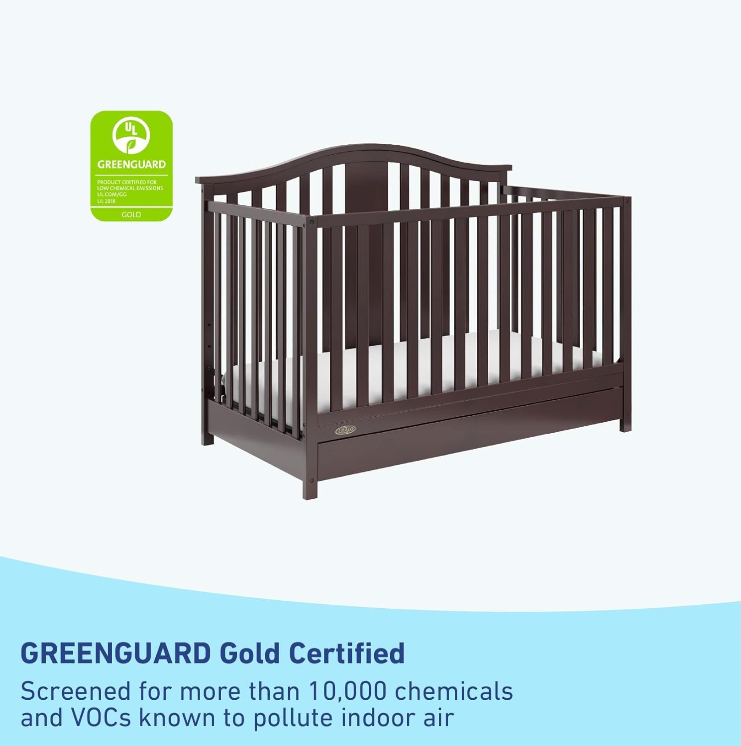 Graco Solano 4-In-1 Convertible Crib with Drawer (Espresso) – GREENGUARD Gold Certified, Crib with Drawer Combo, Includes Full-Size Nursery Storage Drawer, Converts to Toddler Bed and Full-Size Bed