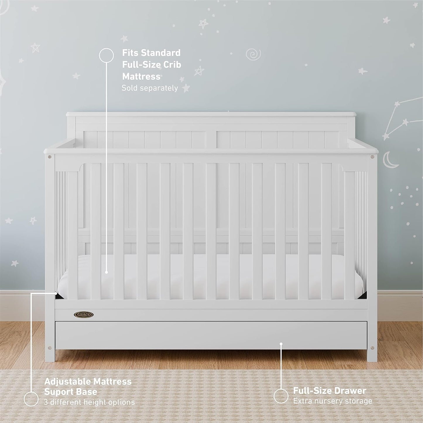 Graco Hadley 5-In-1 Convertible Crib with Drawer (White) – GREENGUARD Gold Certified, Crib with Drawer Combo, Full-Size Nursery Storage Drawer, Converts to Toddler Bed, Daybed