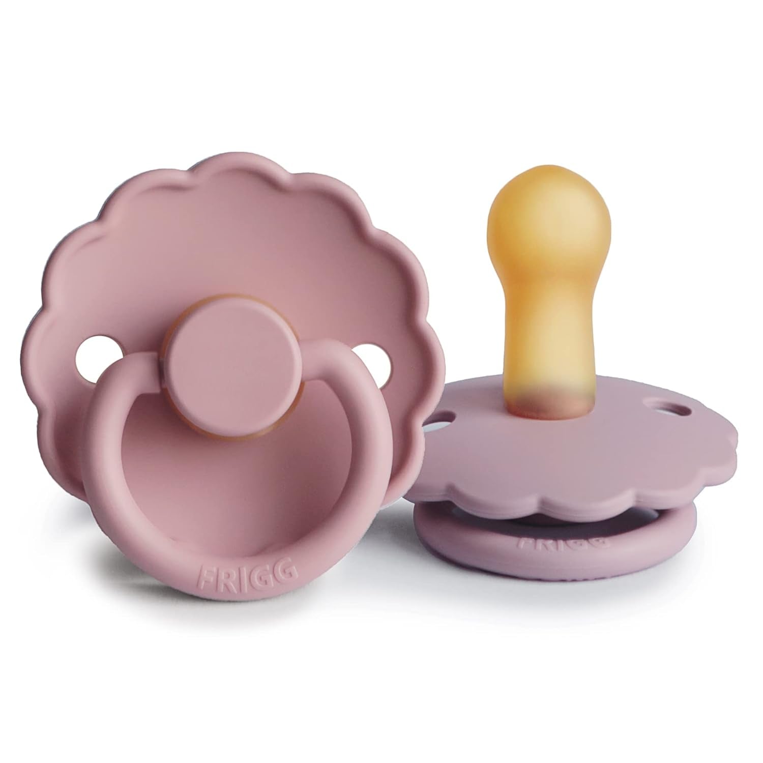 FRIGG Daisy Natural Rubber Baby Pacifier | Made in Denmark | Bpa-Free (Baby Pink/Soft Lilac, 6-18 Months) 2-Pack