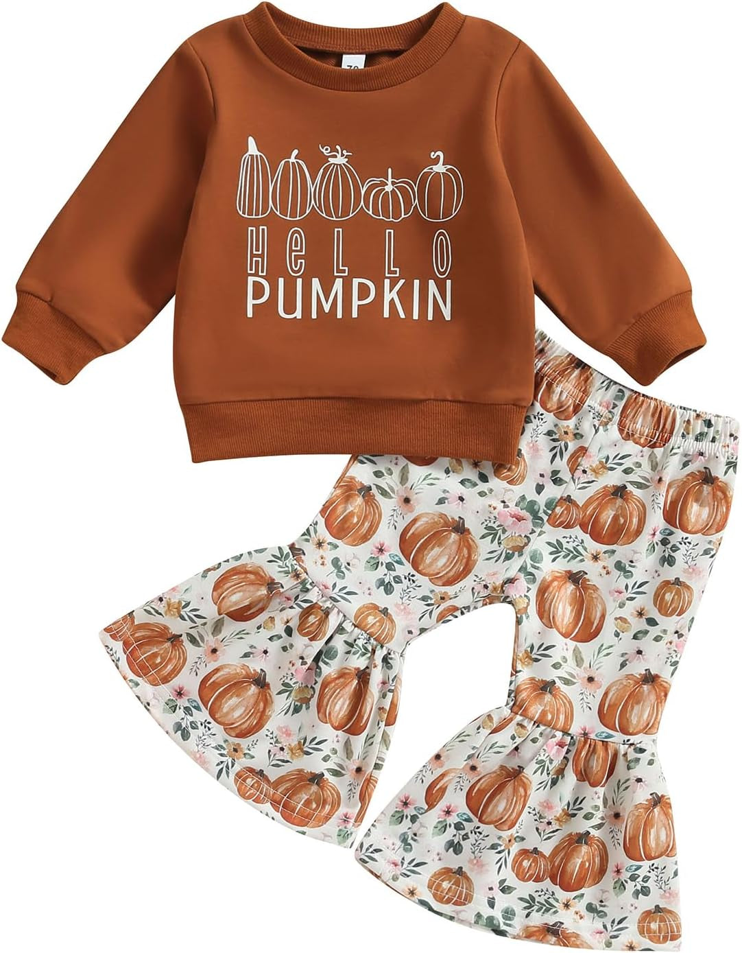 Baby Girl Halloween Outfit Pumpkin Pie Crewneck Sweatshirt Shirt Top Bell-Bottom Pants Sets Cute Toddler Clothes