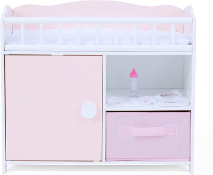 Olivia'S Little World Polka Dot Princess Wooden Baby Doll Crib with Under-The-Crib Storage Featuring a Cabinet with Door and Two Cubbies, Pink and White