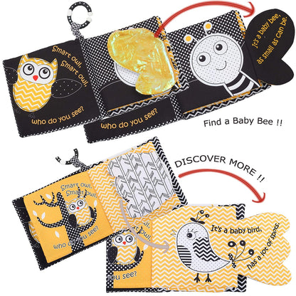 Touch and Feel Cloth Crinkle Books for Babies Infant, Baby Books Toys 0-3-6-12 Months, Christmas Shower Baby Gifts, High Contrast Toys,Teething Teethers, Tummy Time Mirror Toys for Boys and Girls-Owl