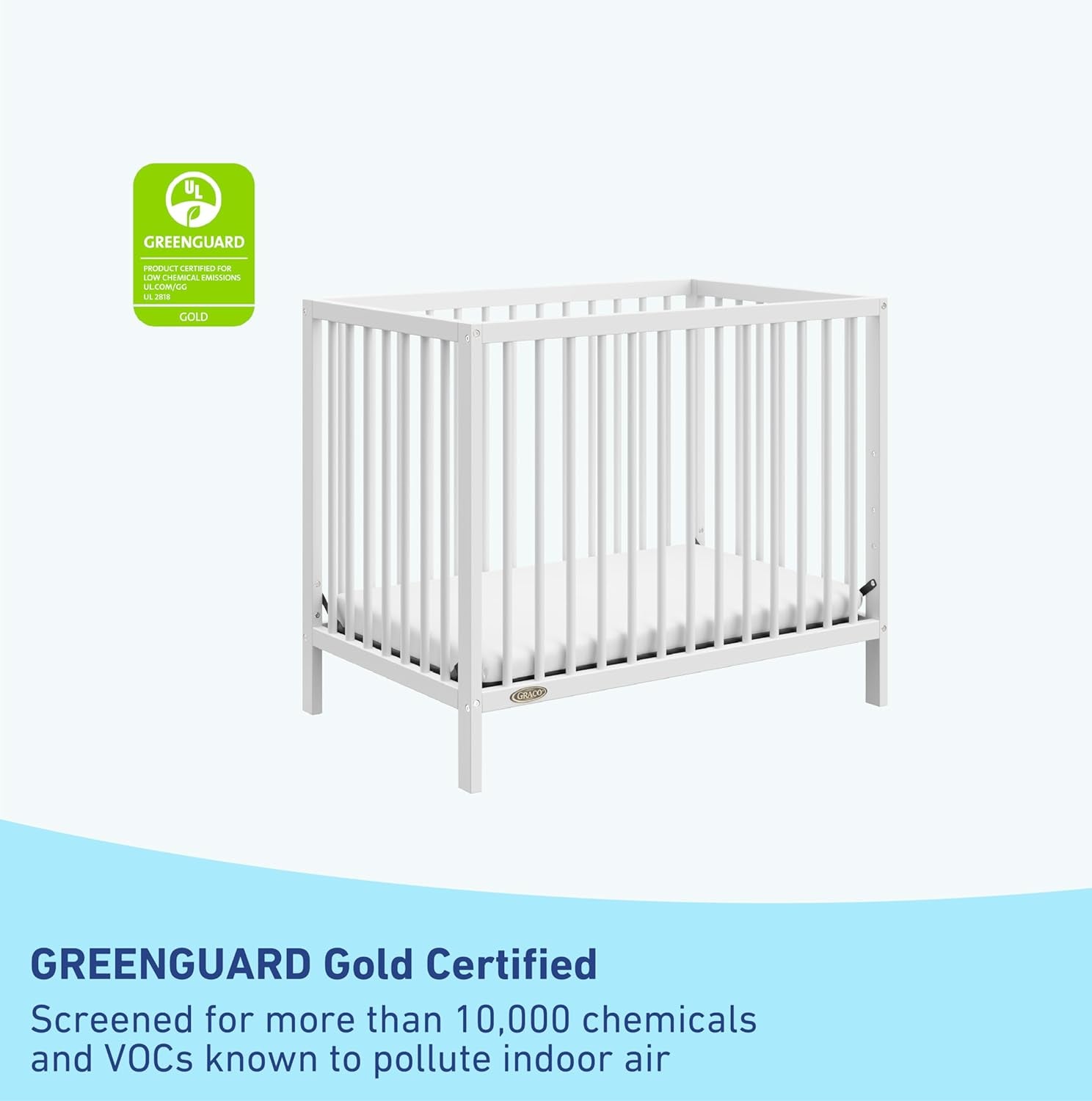 Graco Teddi 4-In-1 Convertible Mini Crib with Bonus Water-Resistant Mattress (White) – GREENGUARD Gold Certified, 2.75-Inch Mattress Included, Convenient Size, Easy 30-Minute Assembly