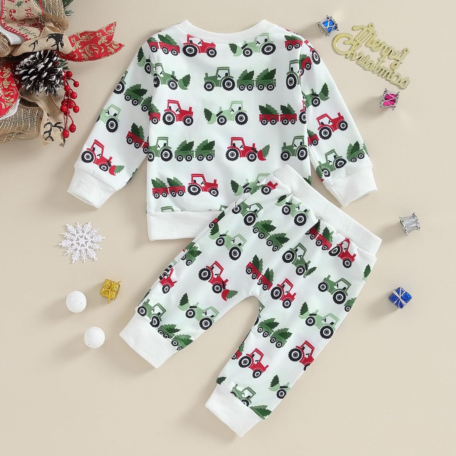 Toddler Baby Boy Girl Christmas Outfits Truck Tree Print Long Sleeve Sweatshirts Pants Fall Infant 2Pcs Clothes