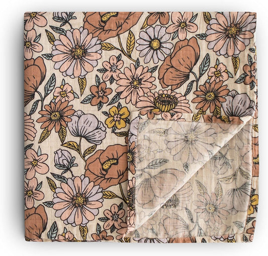 Mushie Muslin Baby Swaddle Blanket | 100% Organic Cotton (Retro Flowers)