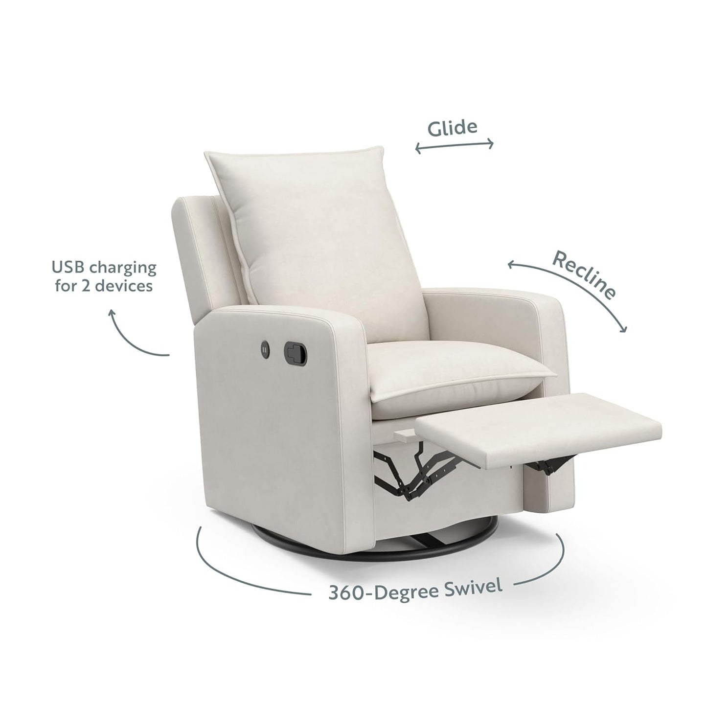 Storkcraft Timeless Reclining Glider (Ivory) -USB Charging Port, 360-Degree Metal Swivel Base, Manual Extending Foot Rest, Supportive Cushions, Durable Fabric