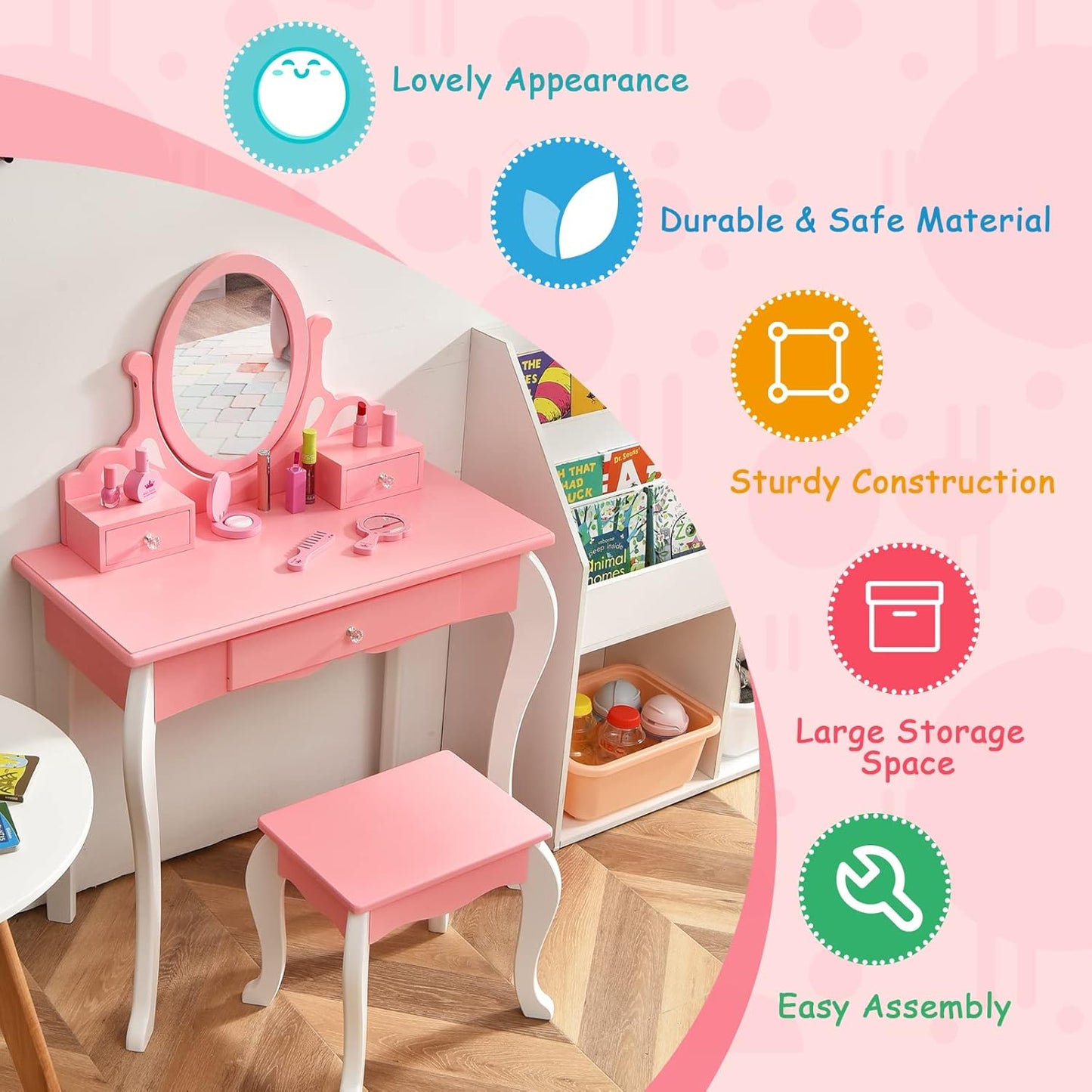 Costzon Kids Vanity Set with Mirror, 2 in 1 Princess Makeup Dressing Table W/Detachable Top, Toddler Vanity with 360° Rotating Mirror, Drawers & Stool, Pretend Play Vanity Set for Little Girls, Pink