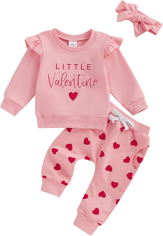 Lamuusaa Toddler Baby Girl Valentines Day Outfit Little Valentine Ruffle Sweatshirt Heart Long Pants Headband Set 0-3T