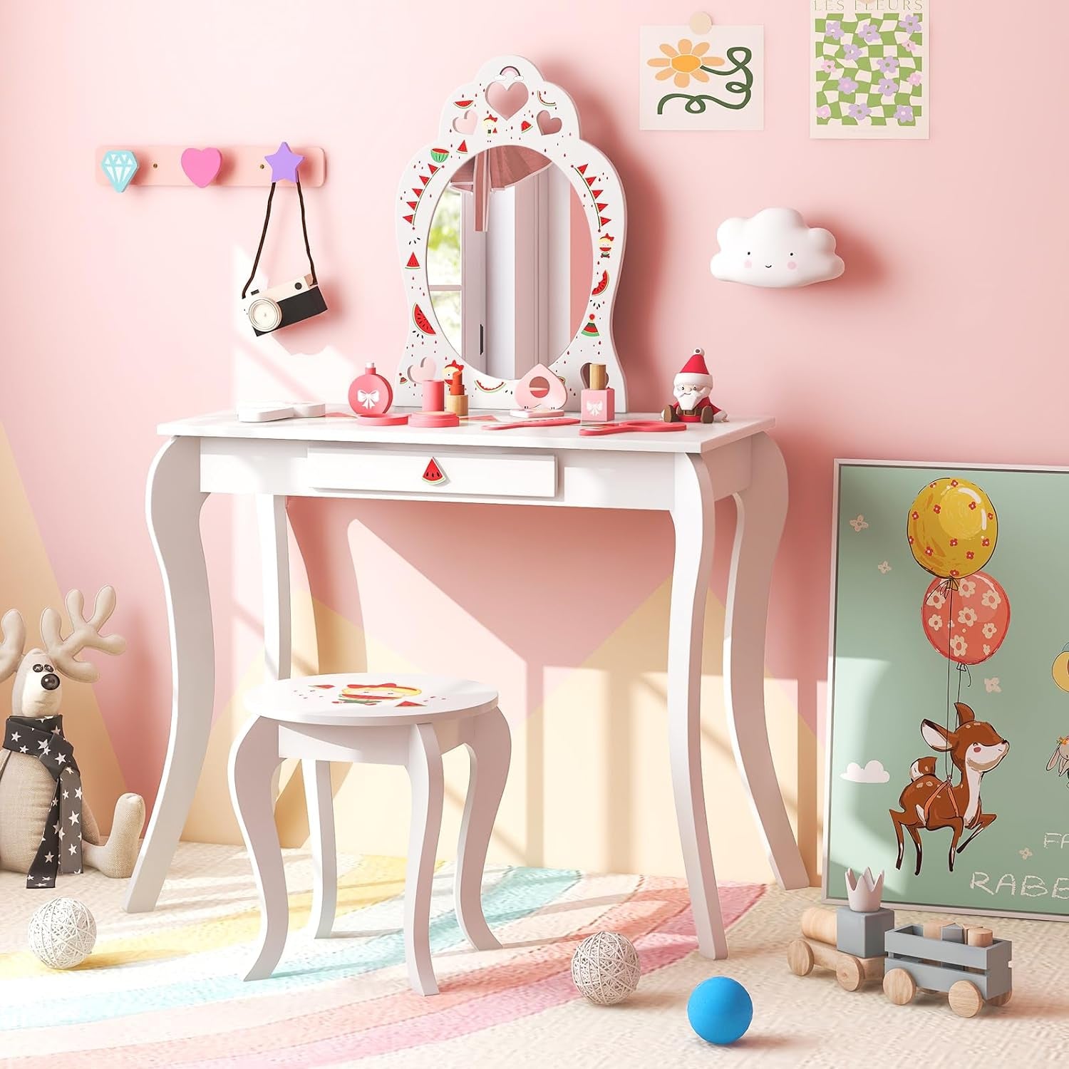 Costzon Kids Vanity Set with Mirror, 2 in 1 Wooden Princess Makeup Vanity Dressing Table, Toddler Vanity Set with Drawer & Stool, Pretend Play Vanity Set for Little Girls (Fruit Pattern)