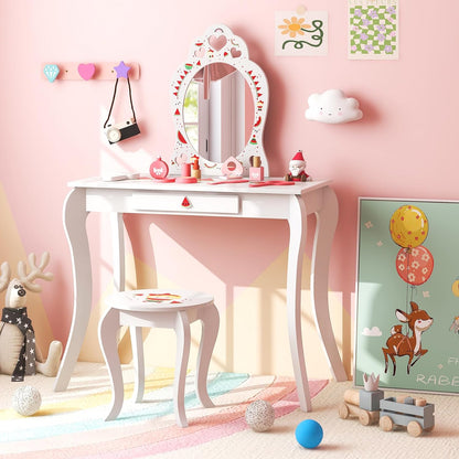 Costzon Kids Vanity Set with Mirror, 2 in 1 Wooden Princess Makeup Vanity Dressing Table, Toddler Vanity Set with Drawer & Stool, Pretend Play Vanity Set for Little Girls (Fruit Pattern)