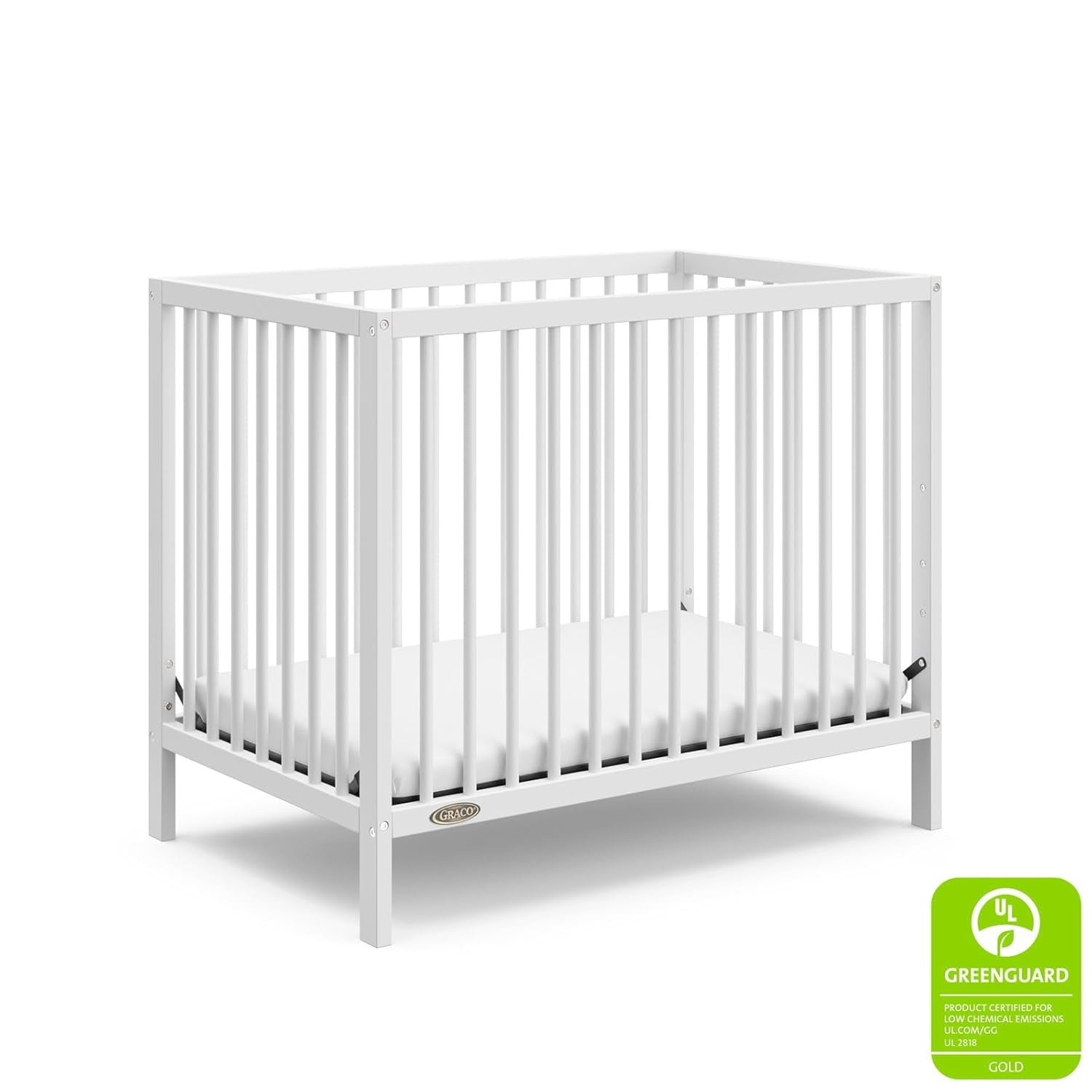 Graco Teddi 4-In-1 Convertible Mini Crib with Bonus Water-Resistant Mattress (White) – GREENGUARD Gold Certified, 2.75-Inch Mattress Included, Convenient Size, Easy 30-Minute Assembly