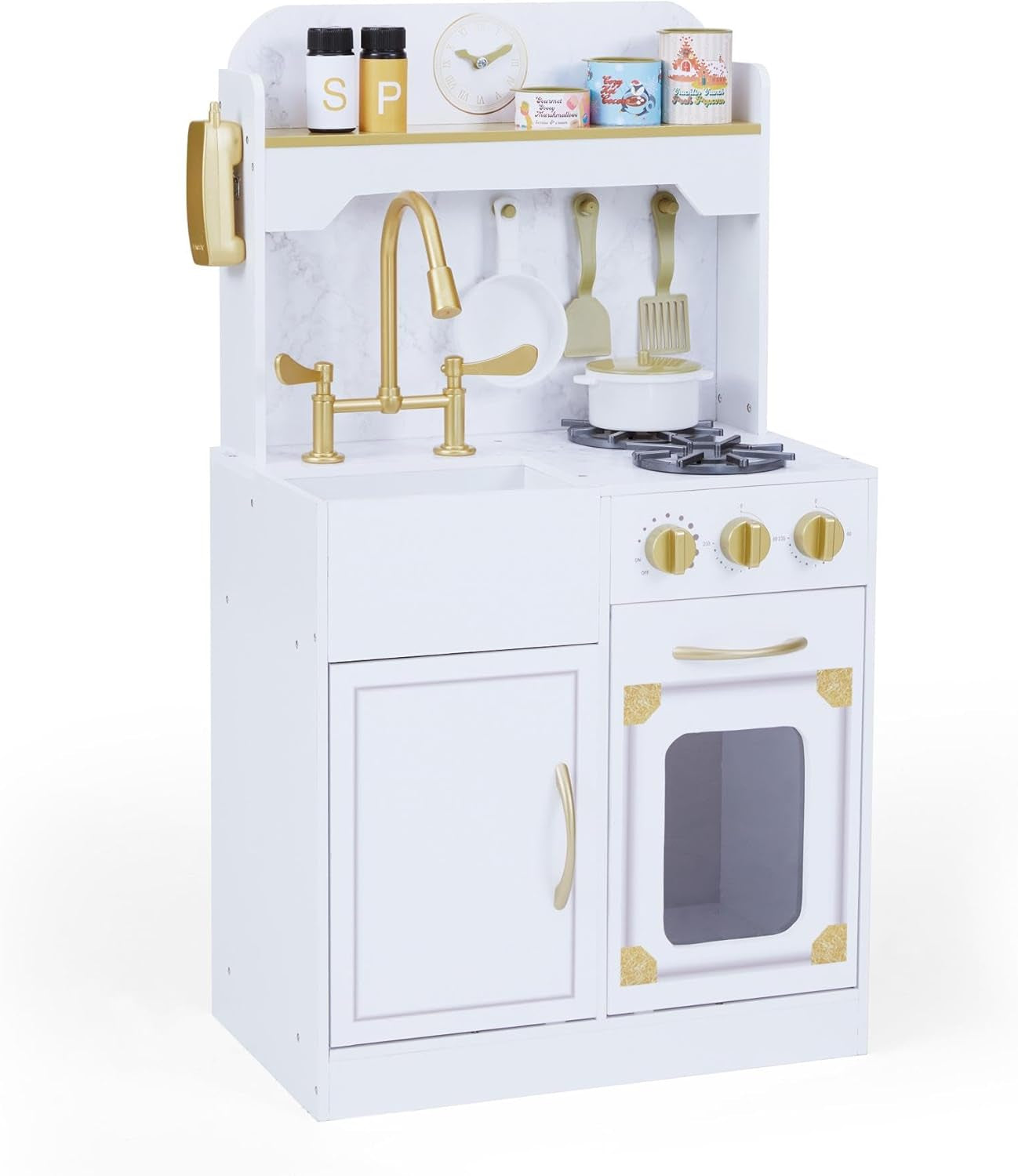 Teamson Kids Versailles Petite Classic Kids Wooden Interactive Play Kitchen, White with Faux White Marble and Gold