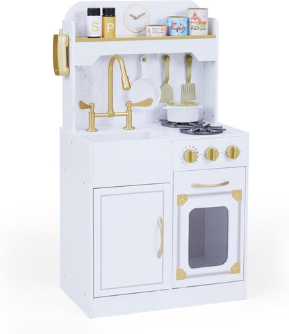 Teamson Kids Versailles Petite Classic Kids Wooden Interactive Play Kitchen, White with Faux White Marble and Gold