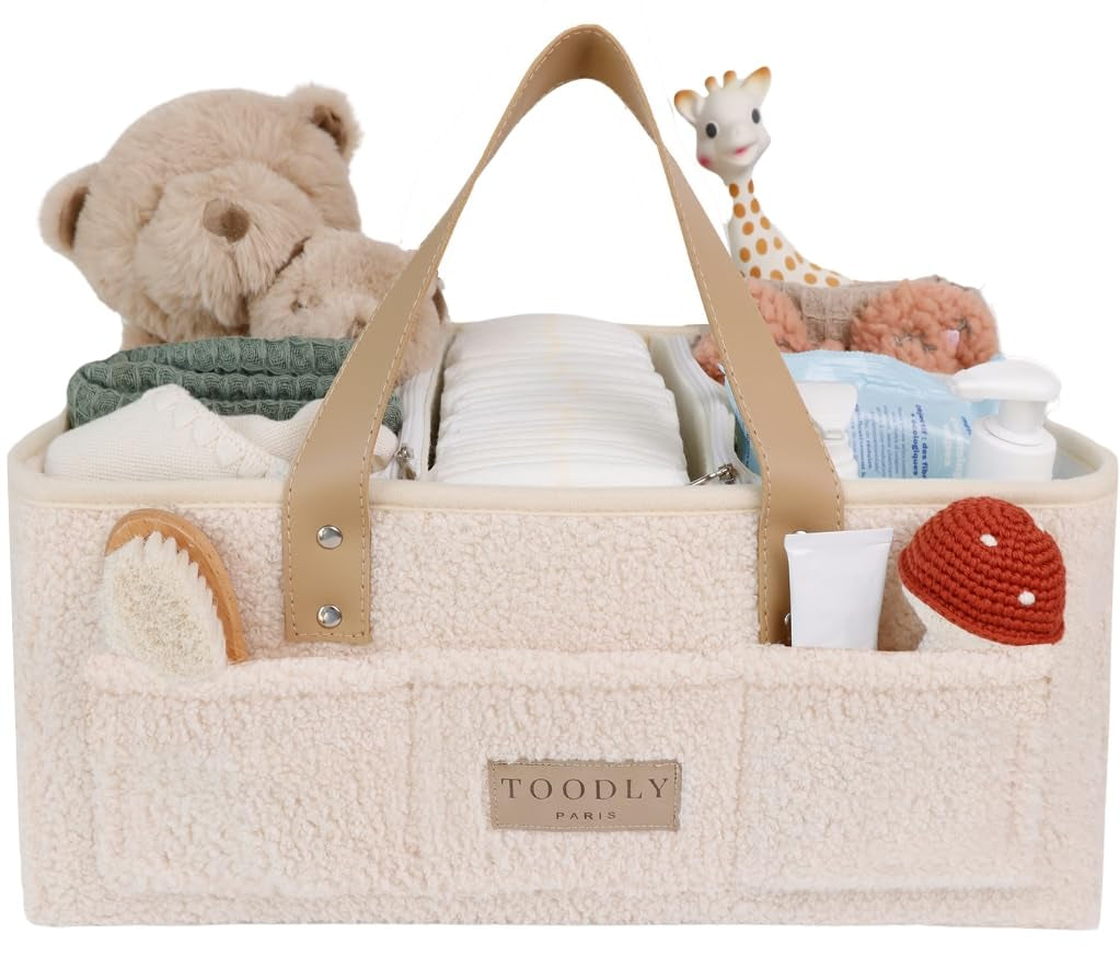 Baby Diaper Caddy Organizer for Diaper Changing Essentials - Teddy Fleece Diaper Organizer for Changing Table - Baby Basket Organizer - Baby Caddy Organizer with Removable Dividers